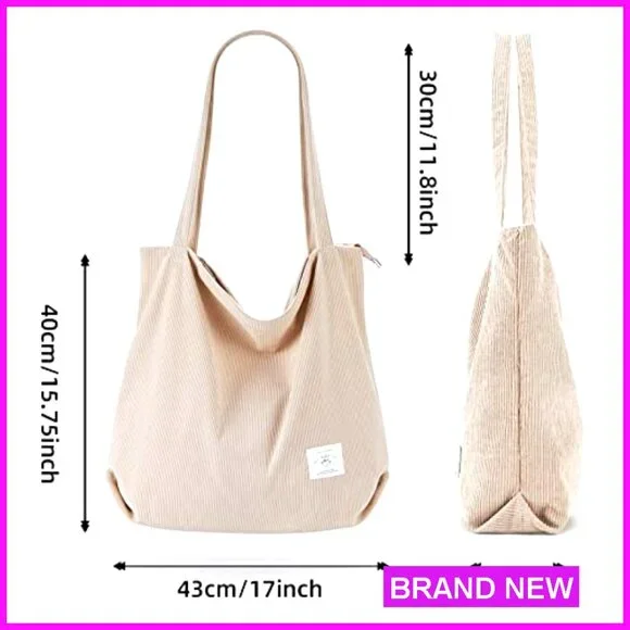 Corduroy Tote Bag Zipper Casual Large Capacity Shoulder Bag with Pockets - Picture 4 of 7